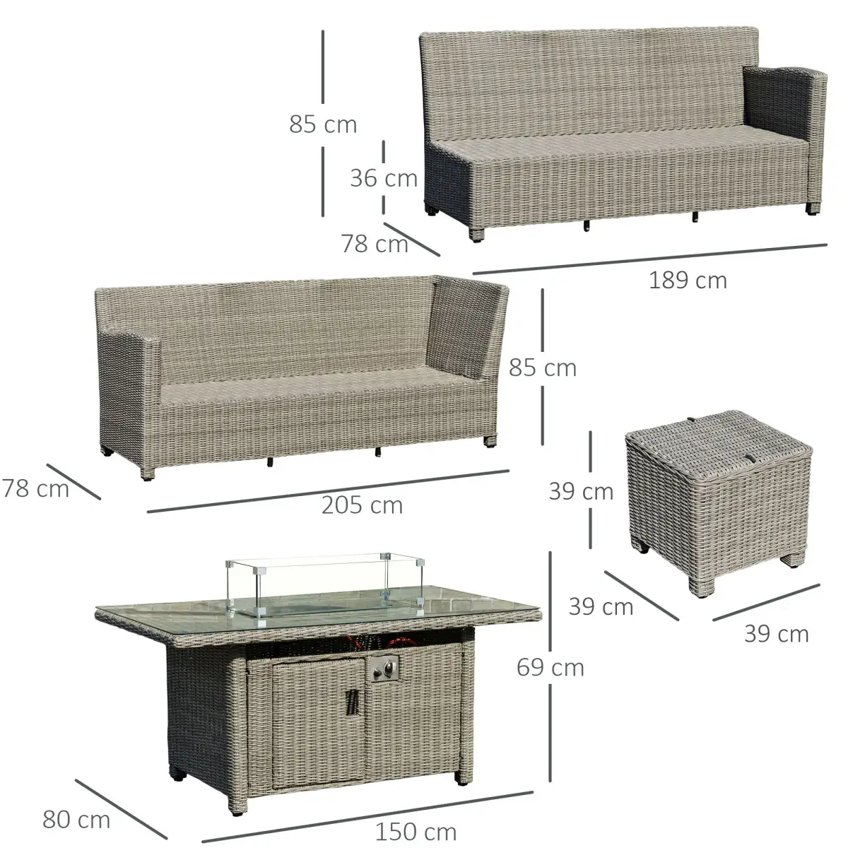 Outsunny Outsunny 5 PCs Outdoor PE Rattan L-Shape Sofa Footstool Fire Pit Table Set - Garden Sofa Sets