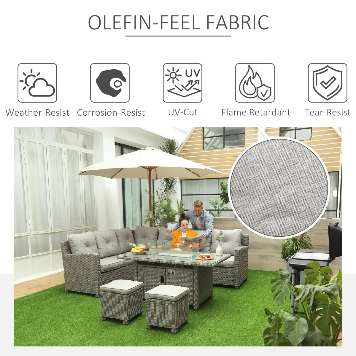Outsunny Outsunny 5 PCs Outdoor PE Rattan L-Shape Sofa Footstool Fire Pit Table Set - Garden Sofa Sets