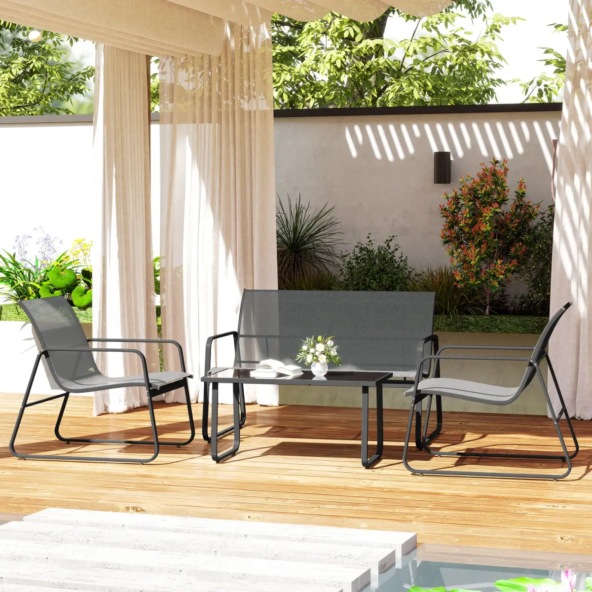 Outsunny Outsunny 4 Piece Garden Furniture Set Patio Sofa Set w/ Chairs, Glass Top Table - Garden Set