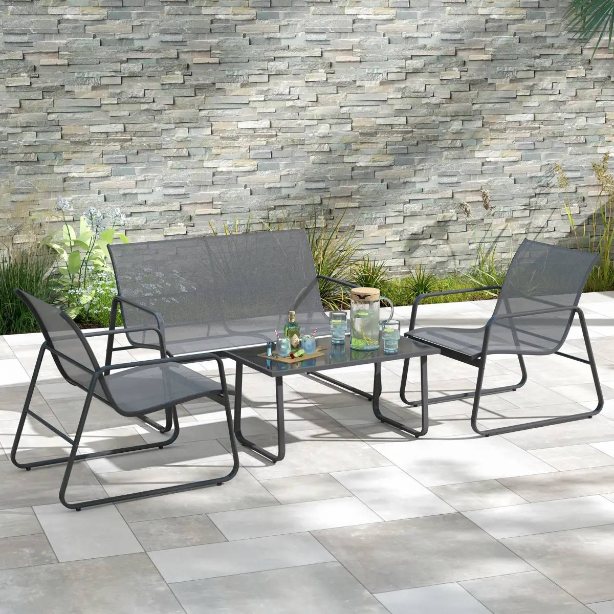 Outsunny Outsunny 4 Piece Garden Furniture Set Patio Sofa Set w/ Chairs, Glass Top Table - Garden Set