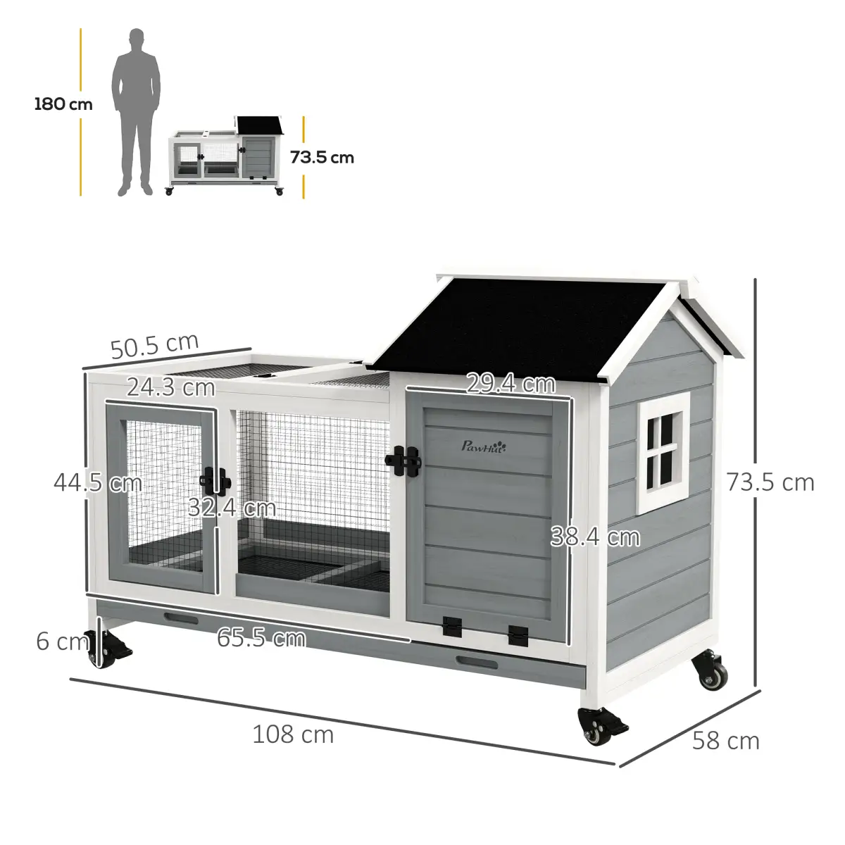 PawHut PawHut Wooden Rabbit Hutch, Small Animal House w/ Wheels, Removable Tray - Grey - Rabbit Hutch