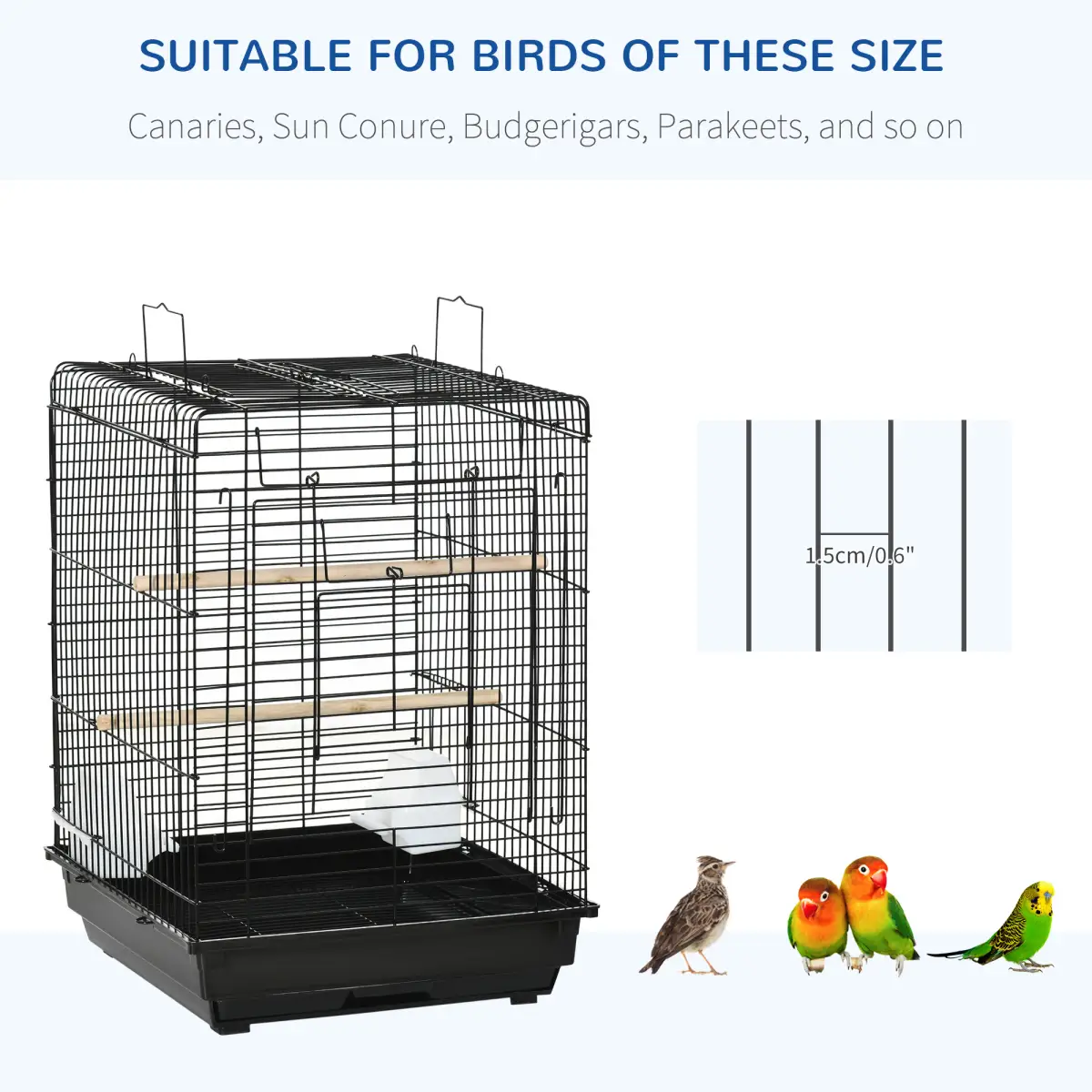 PawHut PawHut 59cm Bird Cage with Openable Top, Stand, Tray, Handles, Feeding Bowls - Pet Cage