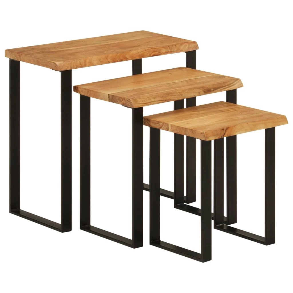 VidaXL Nesting Tables 3 Pieces Live Edge Acacia Wood Tops With U Shaped Stainless Steel Legs For Living Room Decor by vidaXL
