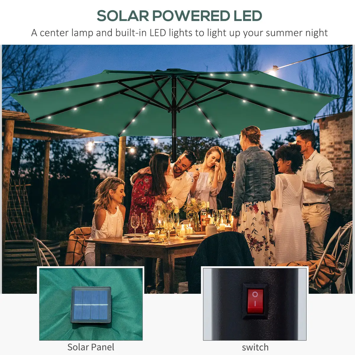 Outsunny Outsunny 24 LED Solar Powered Parasol Umbrella Garden Tilt Outdoor String Light - Parasol