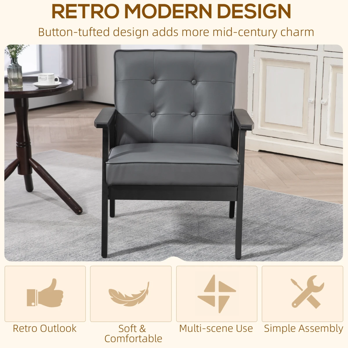HOMCOM Accent Chair PU Leather Tufted Grey for Living Room - Accent Chair