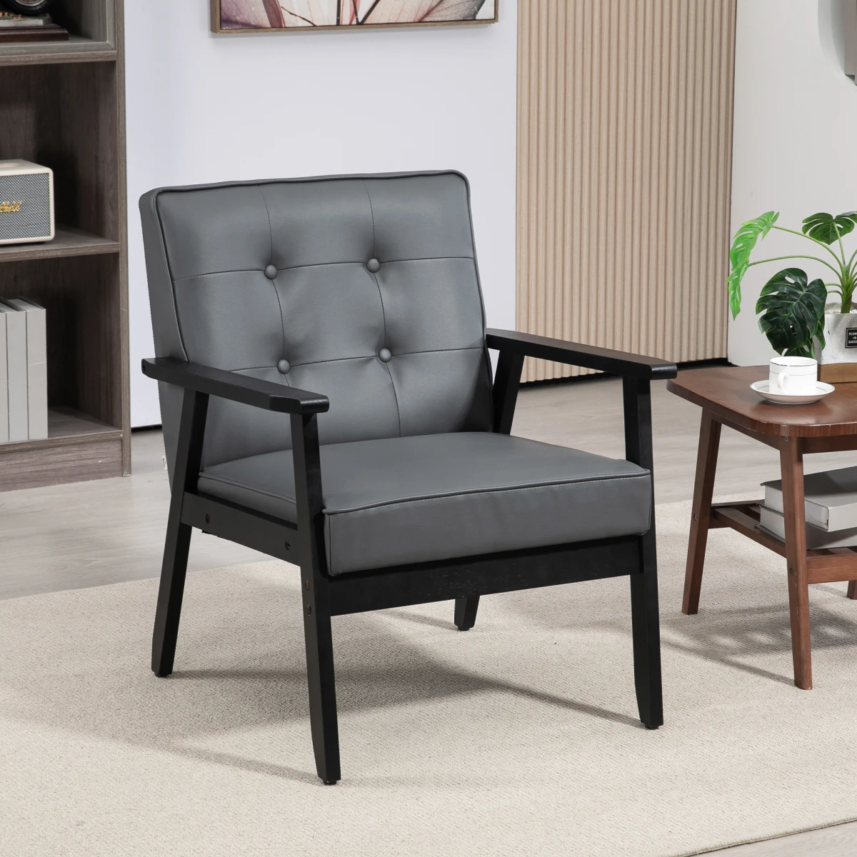 HOMCOM Accent Chair PU Leather Tufted Grey for Living Room by HOMCOM