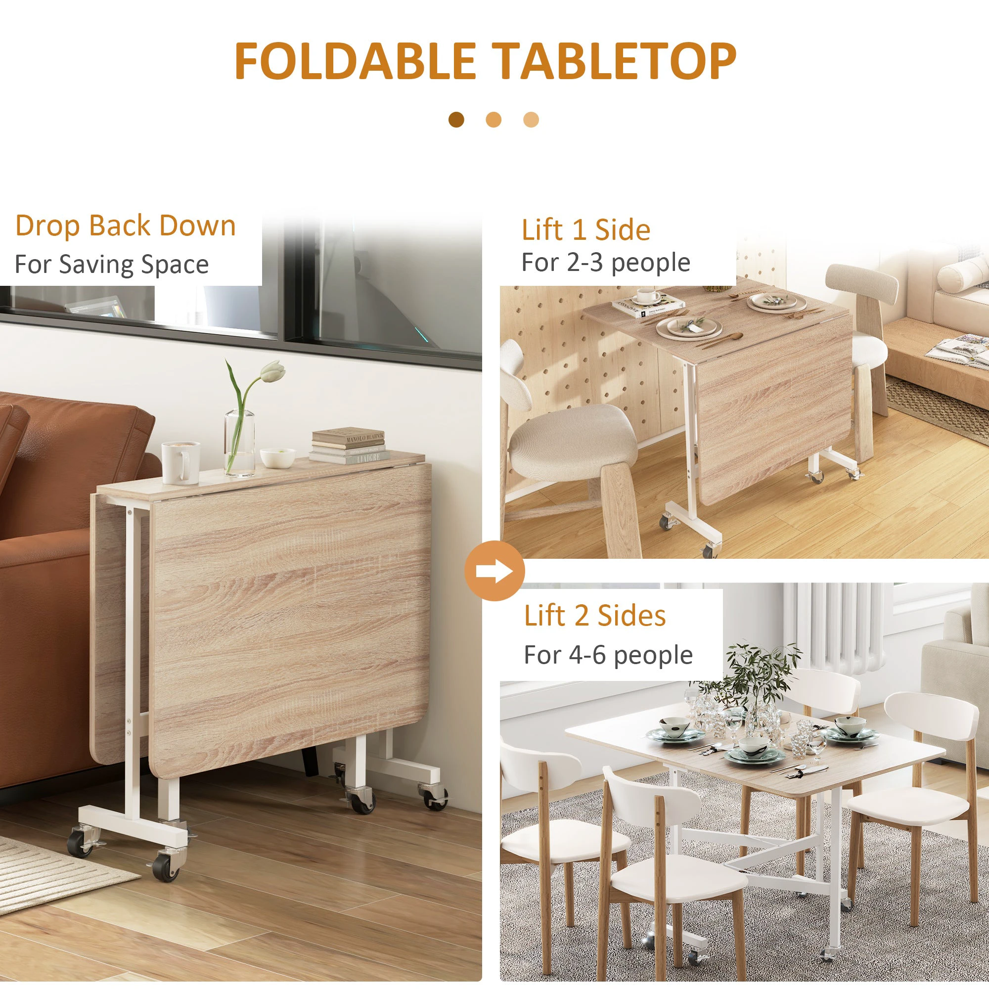 HOMCOM Drop Leaf Table With Wheels Foldable For Small Spaces -
