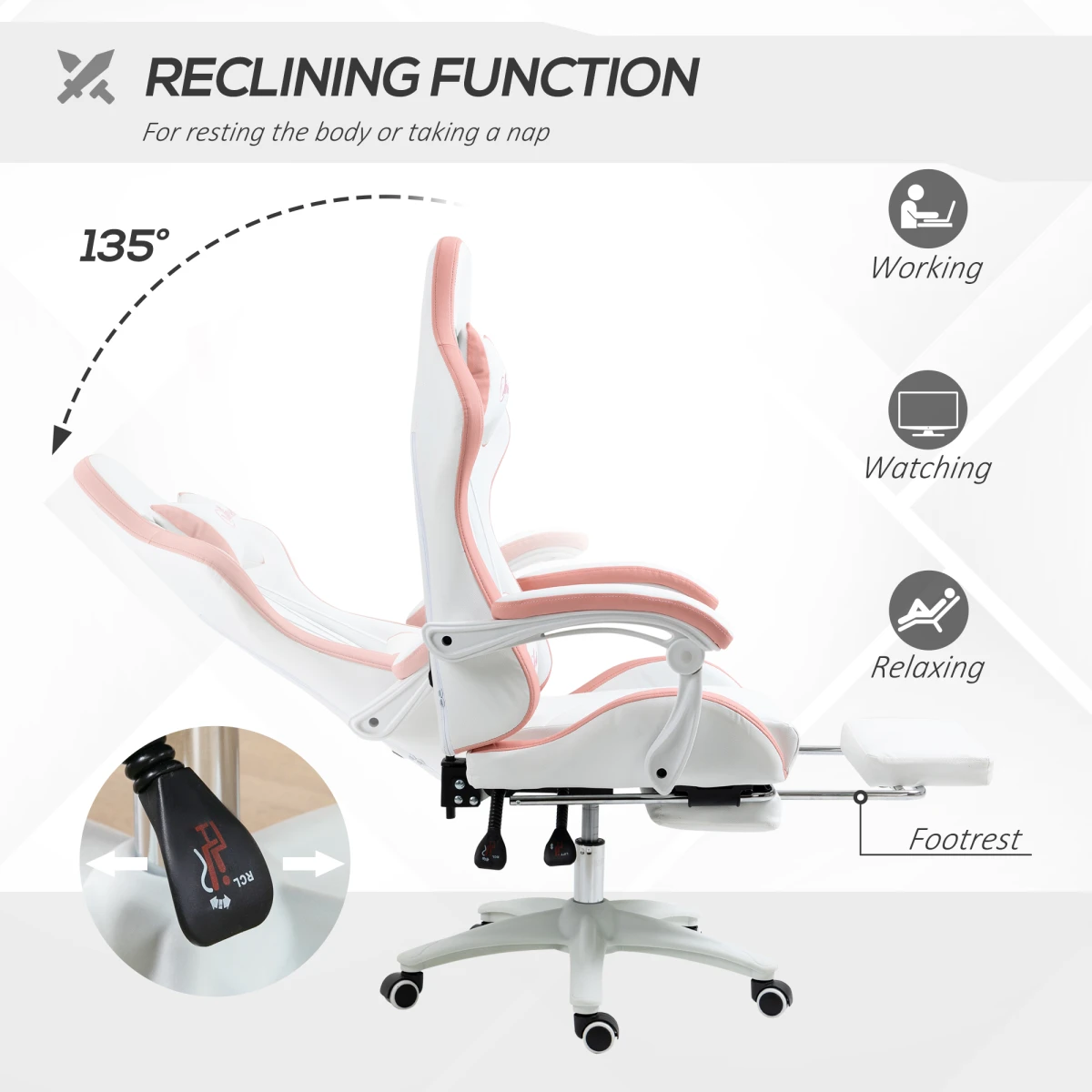 Vinsetto Vinsetto Racing Style Gaming Chair 45.5 to 53.5 cm Height Adjustment 135 Degree Recline Footrest for Gamers - Office Chair