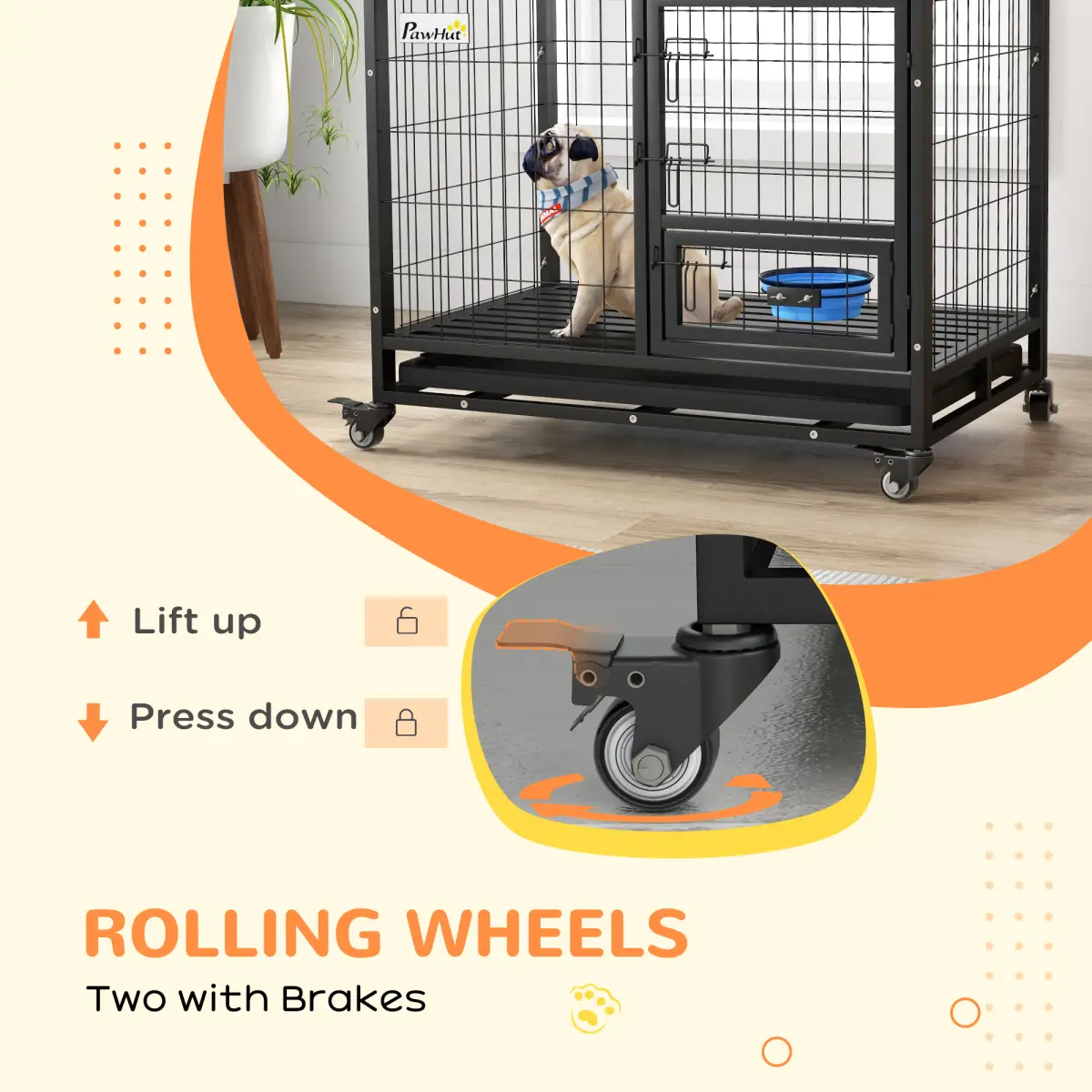 PawHut PawHut 43" Heavy Duty Dog Crate on Wheels w/ Bowl Holder, Removable Tray - Dog Crate