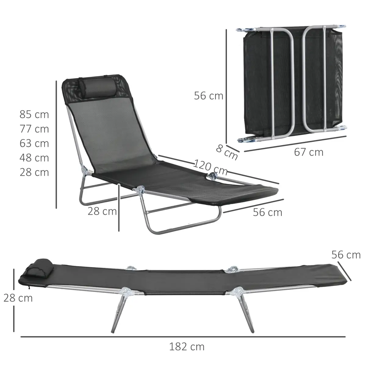 Outsunny Outsunny 2 Pieces Sun Loungers Foldable Reclining Chair with Headrest Black - Sun Lounger