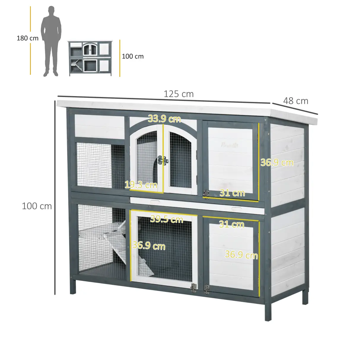 PawHut PawHut Two-Tier Wooden Rabbit Hutch w/ Openable Roof, Slide-Out Tray, Ramp - Rabbit Hutch