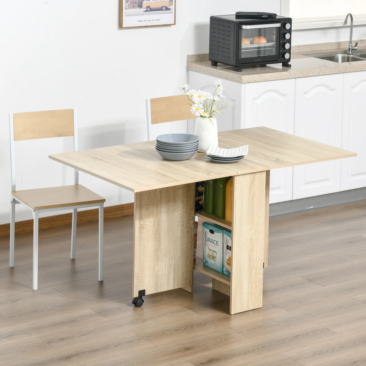 HOMCOM HOMCOM Drop Leaf Dining Table Compact With Wheels Oak Finish - Uncategorized