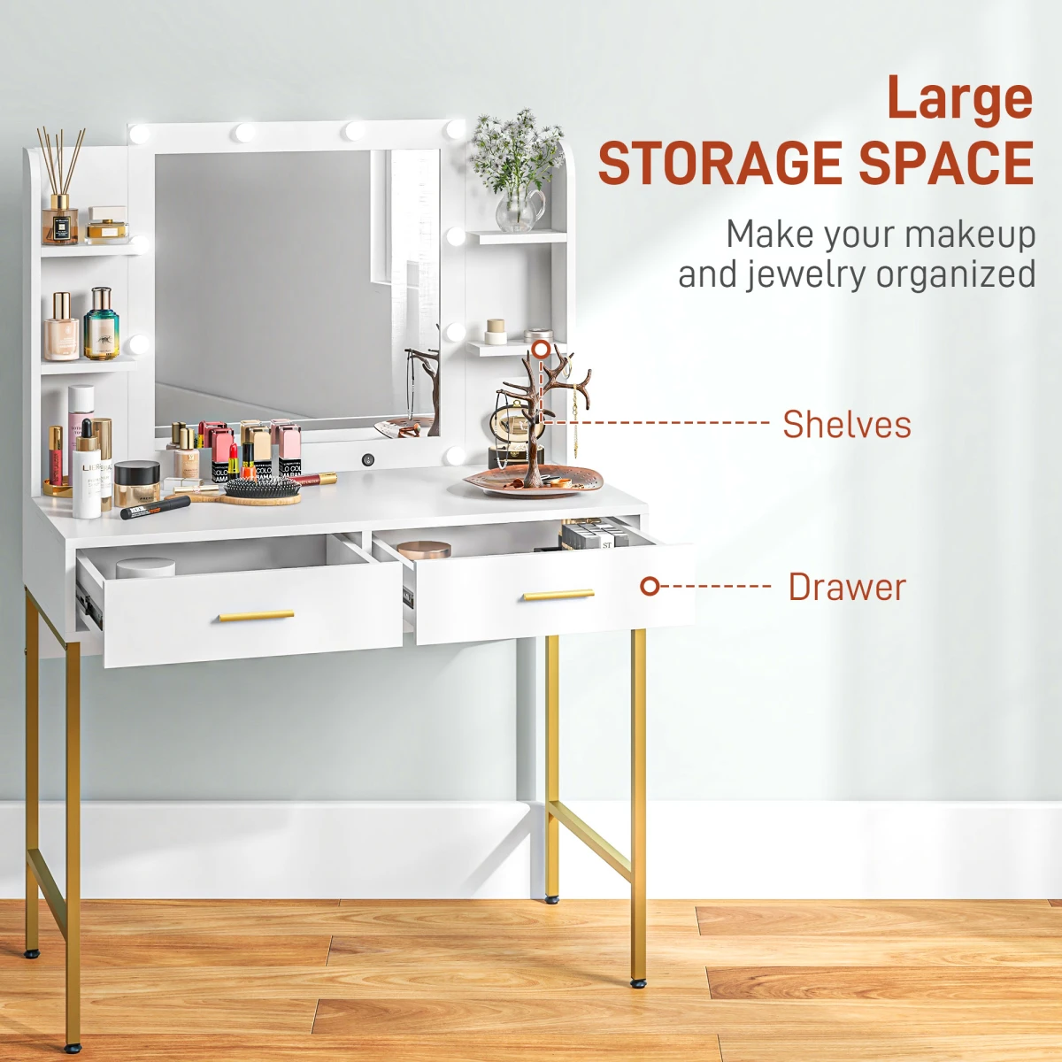 HOMCOM HOMCOM Makeup Vanity Desk Set With Lighted Mirror And Storage Drawers And Cushioned Stool For Home Use - Chest of Drawers
