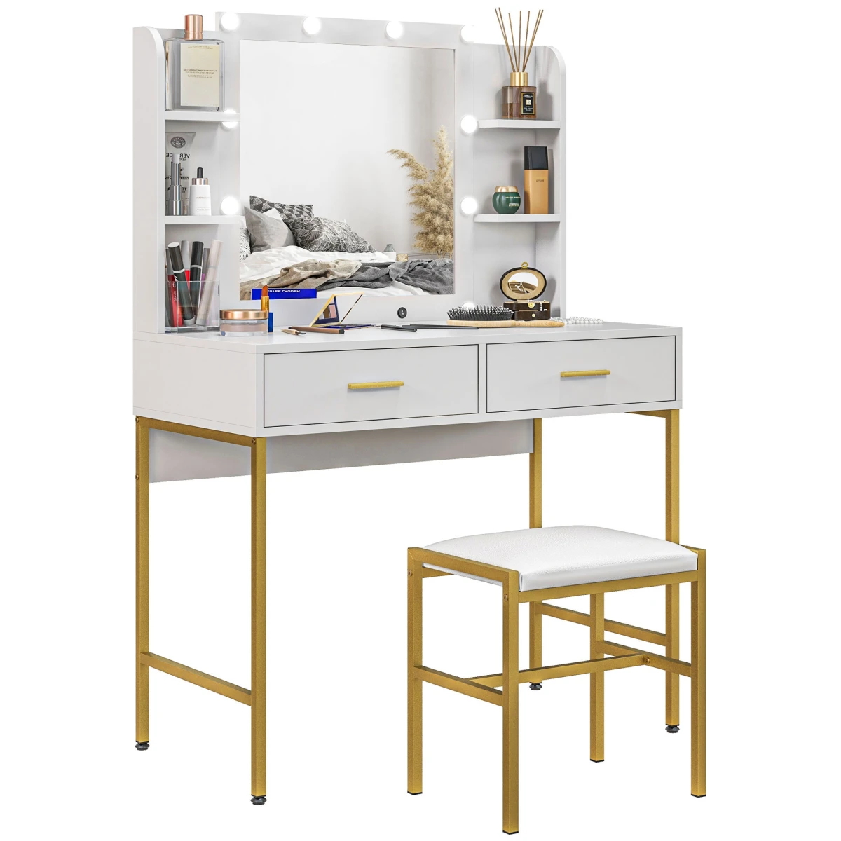 HOMCOM HOMCOM Makeup Vanity Desk Set With Lighted Mirror And Storage Drawers And Cushioned Stool For Home Use - Chest of Drawers