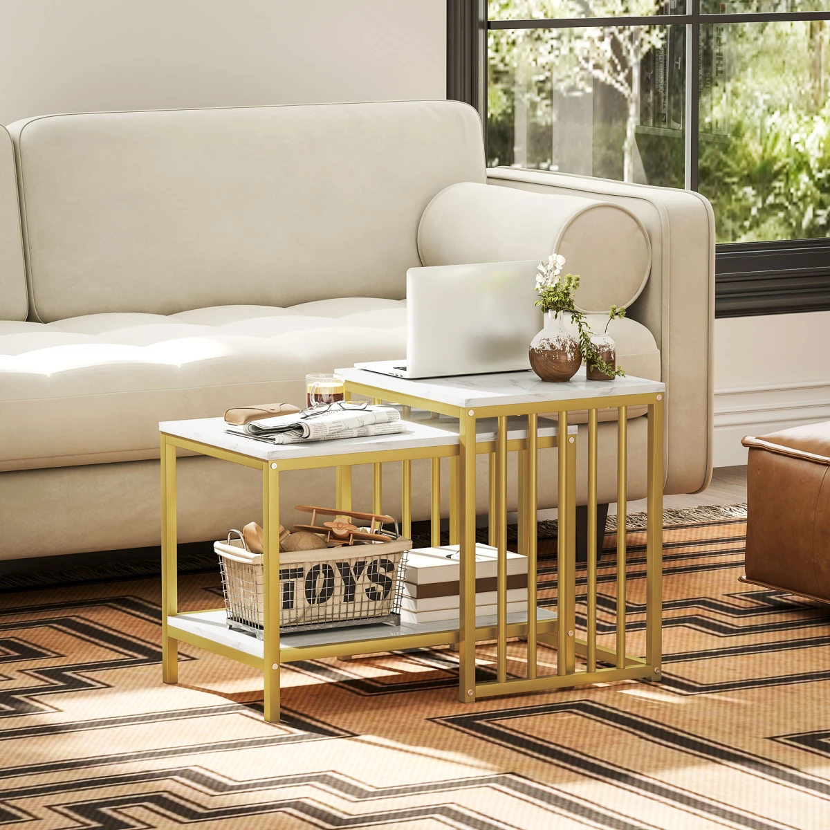 HOMCOM HOMCOM Two Tier Nesting Coffee Tables Marble Effect Tops Gold Steel Frame Living Room Set - Coffee Table