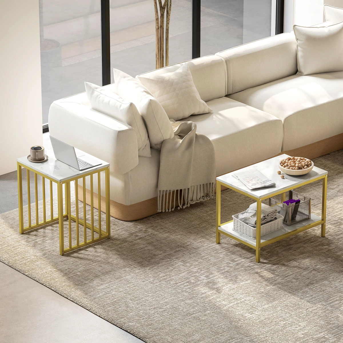 HOMCOM Two Tier Nesting Coffee Tables Marble Effect Tops Gold Steel Frame Living Room Set by HOMCOM