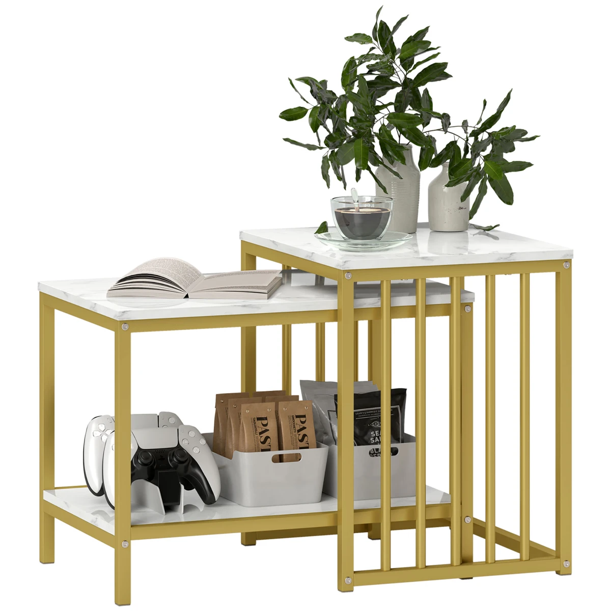 HOMCOM HOMCOM Two Tier Nesting Coffee Tables Marble Effect Tops Gold Steel Frame Living Room Set - Coffee Table