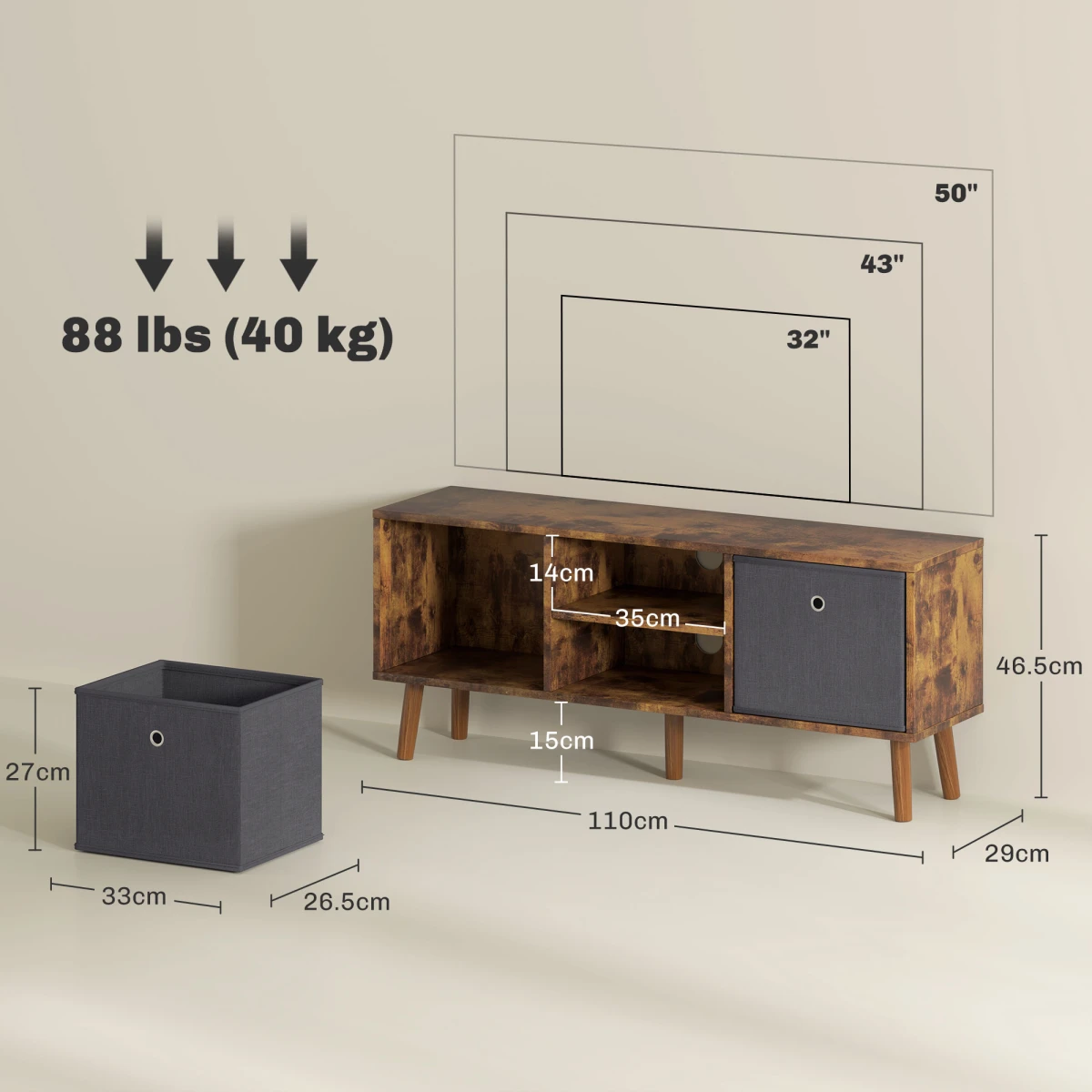 HOMCOM HOMCOM TV Cabinet With Removable Fabric Drawers Bedroom - TV Unit