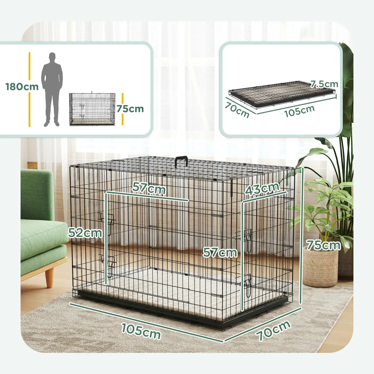 PawHut PawHut Dog Crate with 2 Doors, Tray, Soft Cushion, for Extra Small Dogs - Dog Crate