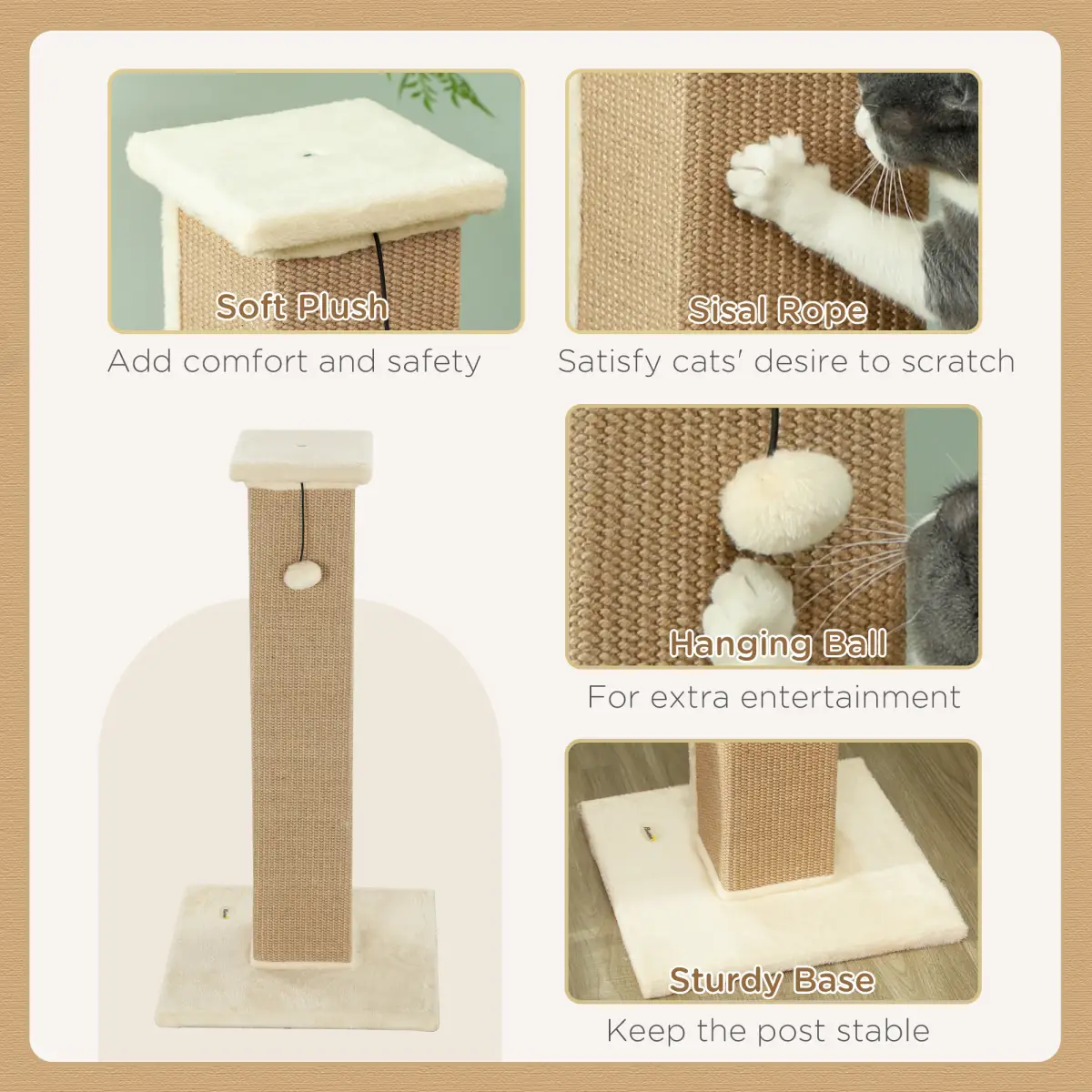 PawHut PawHut 81cm Cat Scratching Post w/ Sisal Rope, Hanging Ball Soft Plush - Cat Tree