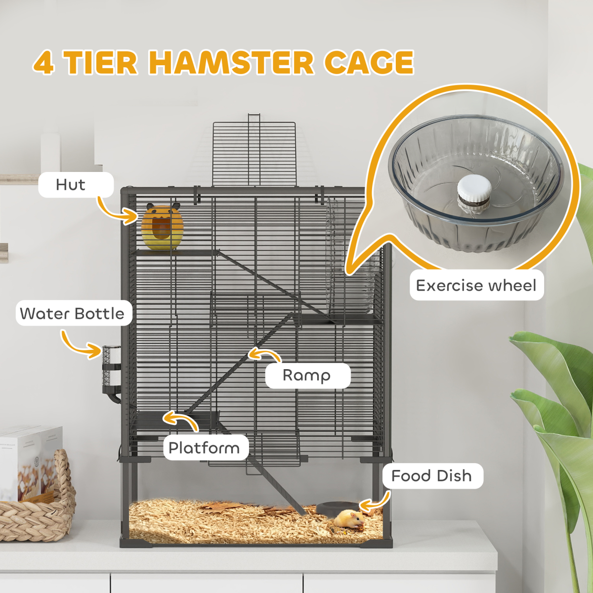 PawHut 4 Tiers Hamster Cage with Deep Tempered Glass Bottom, 60 x 40 x 80cm - from PawHut