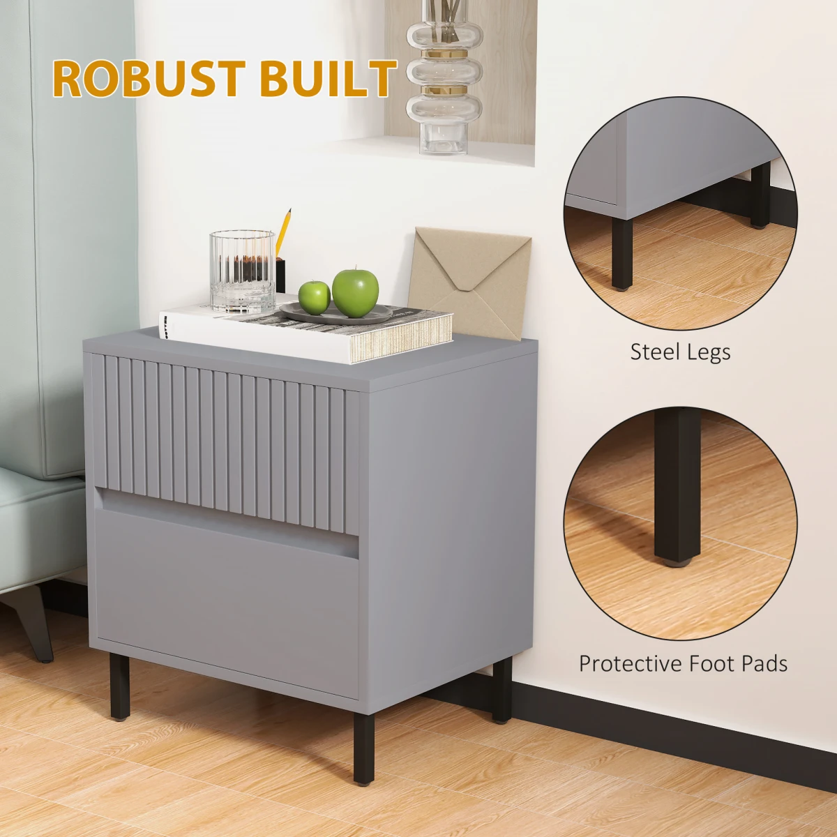 HOMCOM Bedside Table 2-Drawers Steel Legs Bedroom - Bedside Table