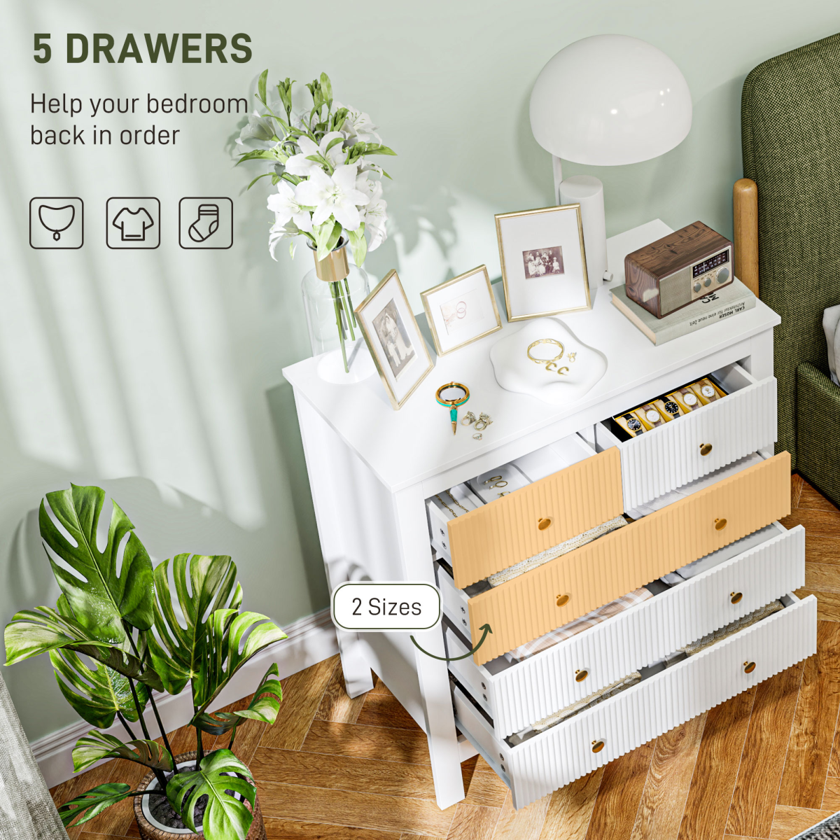 HOMCOM HOMCOM Fluted 5 Drawer Chest Dresser With Gold Tone Handles Anti Tip Design For Bedroom Organization - Chest of Drawers