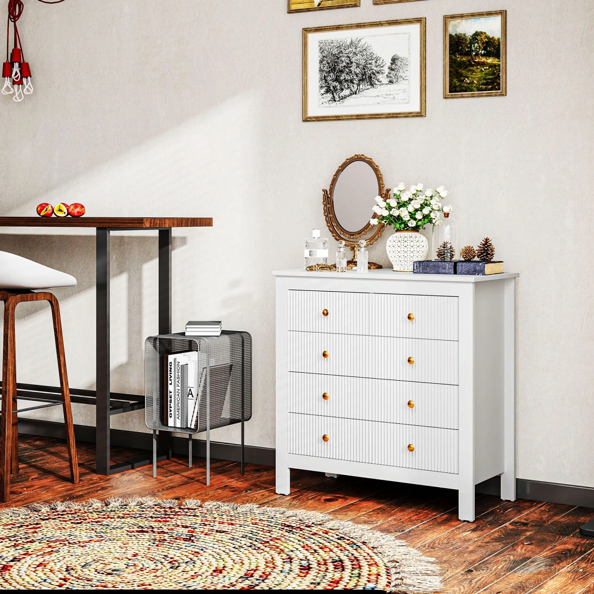 HOMCOM HOMCOM Fluted 5 Drawer Chest Dresser With Gold Tone Handles Anti Tip Design For Bedroom Organization - Chest of Drawers