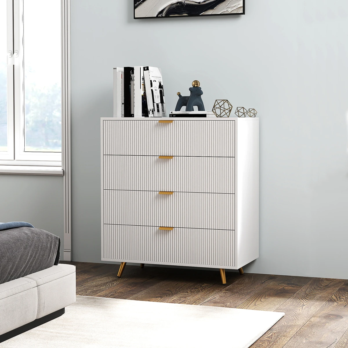 HOMCOM HOMCOM Chest Of Drawers 4-Drawer Standard Size Anti-Tipping Straps Gold Handles Bedroom Storage - Chest of Drawers