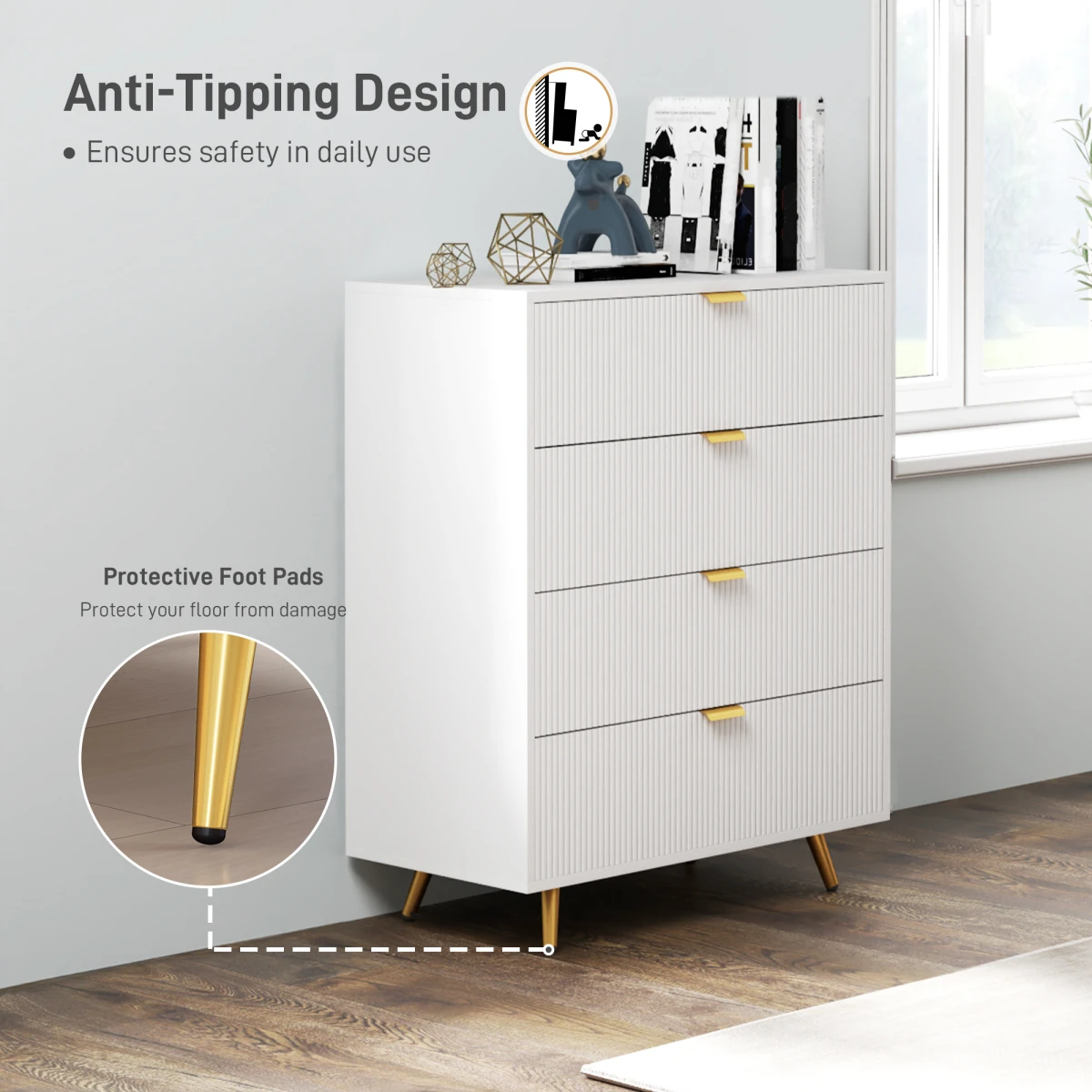 HOMCOM Chest Of Drawers 4-Drawer Standard Size Anti-Tipping Straps Gold Handles Bedroom Storage by HOMCOM
