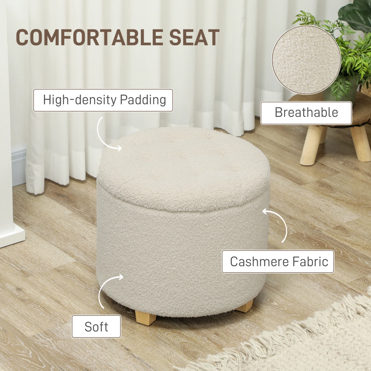 HOMCOM HOMCOM 45cm Round Storage Ottoman with Cashmere Fabric, Button-Tufted Lid, Pine Wood Legs for Multipurpose Home Use - Footstool