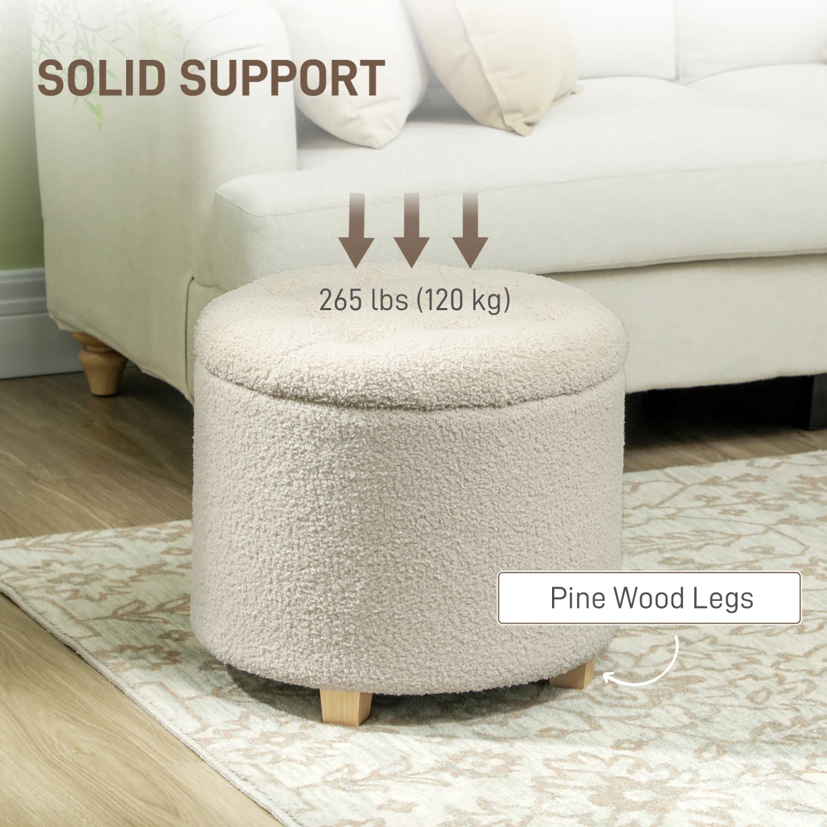 HOMCOM HOMCOM 45cm Round Storage Ottoman with Cashmere Fabric, Button-Tufted Lid, Pine Wood Legs for Multipurpose Home Use - Footstool