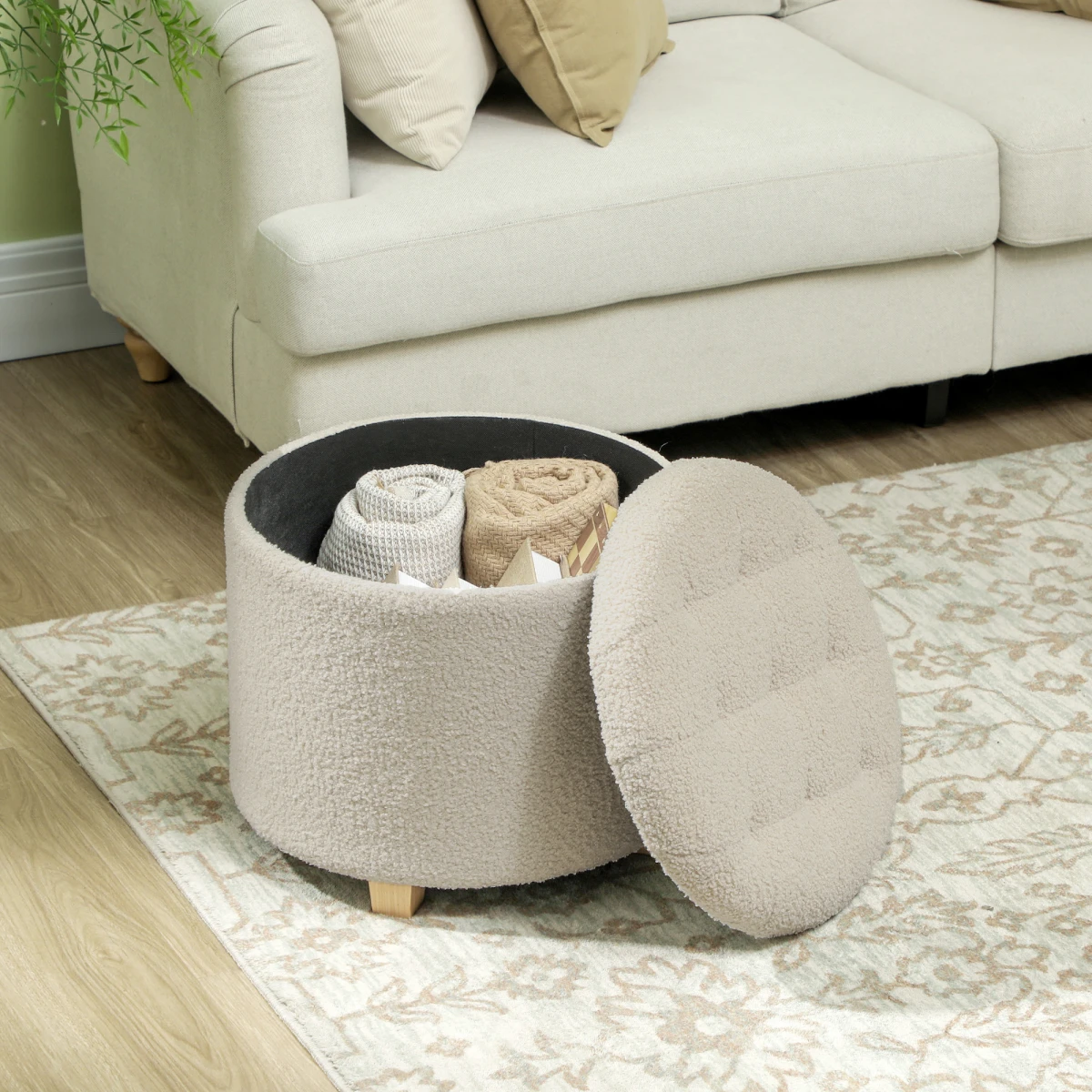 HOMCOM 45cm Round Storage Ottoman with Cashmere Fabric, Button-Tufted Lid, Pine Wood Legs for Multipurpose Home Use by HOMCOM
