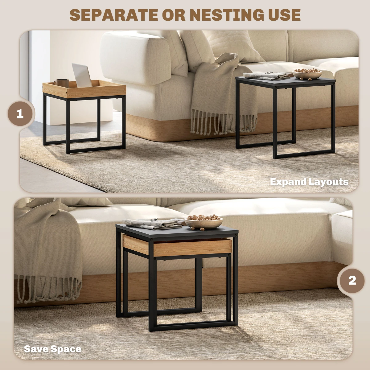 HOMCOM Nesting Coffee Tables Set Compact Square White And Wood For Small Space Living by HOMCOM