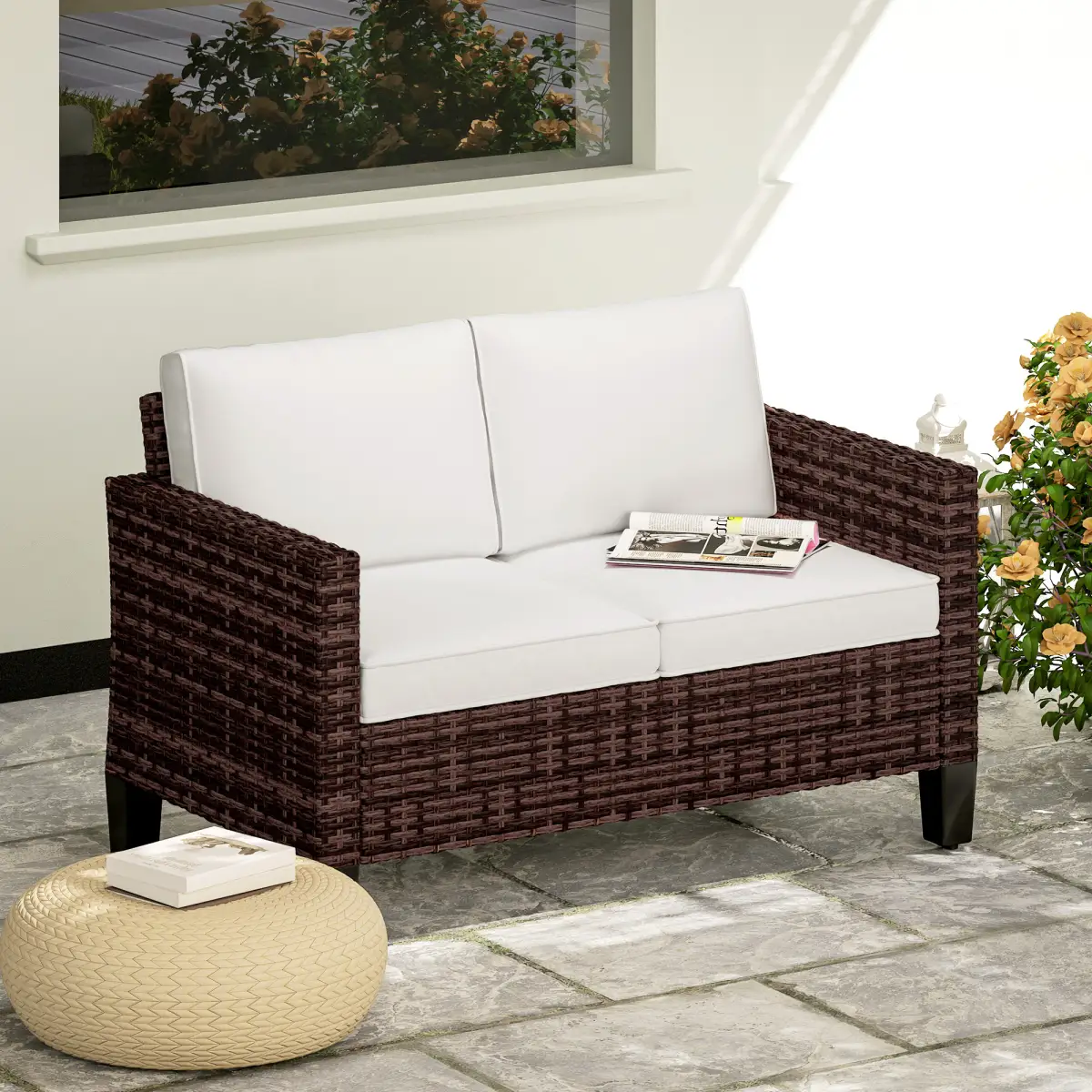 Outsunny Outsunny Rattan Sofa with Cushions, 2 Seater Garden Furniture - Garden Sofa Sets