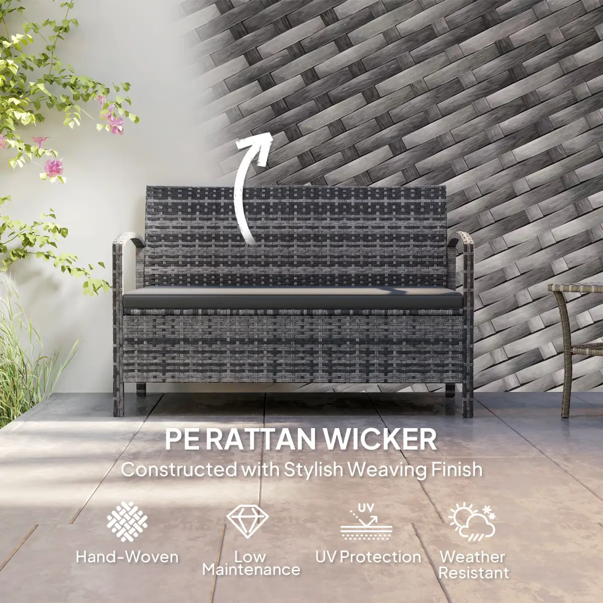 Outsunny Outsunny Rattan Garden Bench w/ 125L Storage, Cushioned Outdoor Bench - Garden Chairs