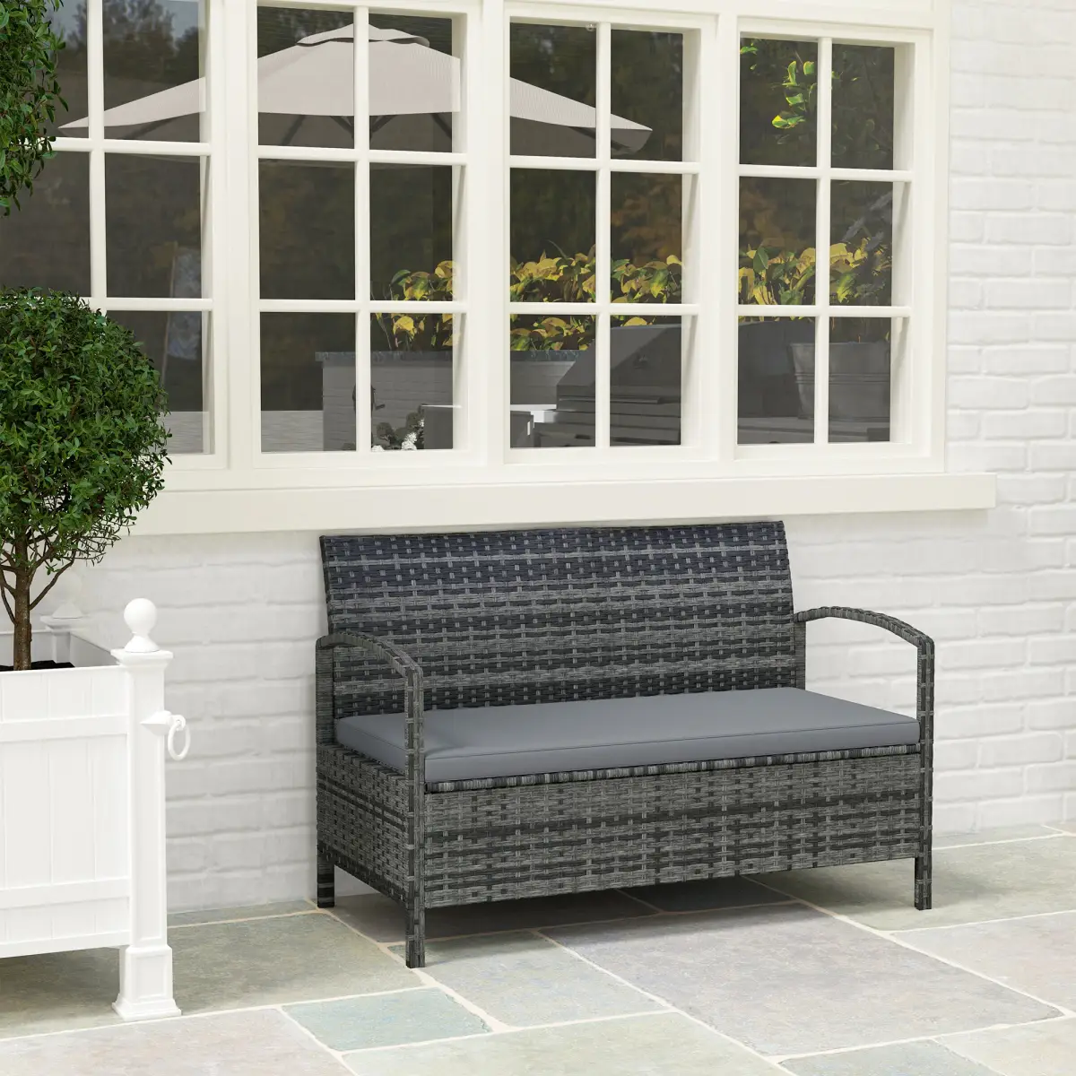 Outsunny Outsunny Rattan Garden Bench w/ 125L Storage, Cushioned Outdoor Bench - Garden Chairs