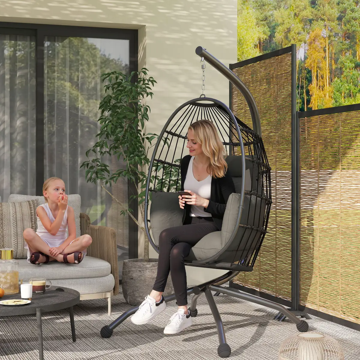Outsunny Outsunny Egg Chair Outdoor Indoor Garden Swing Chair, Folding Basket - Hammocks