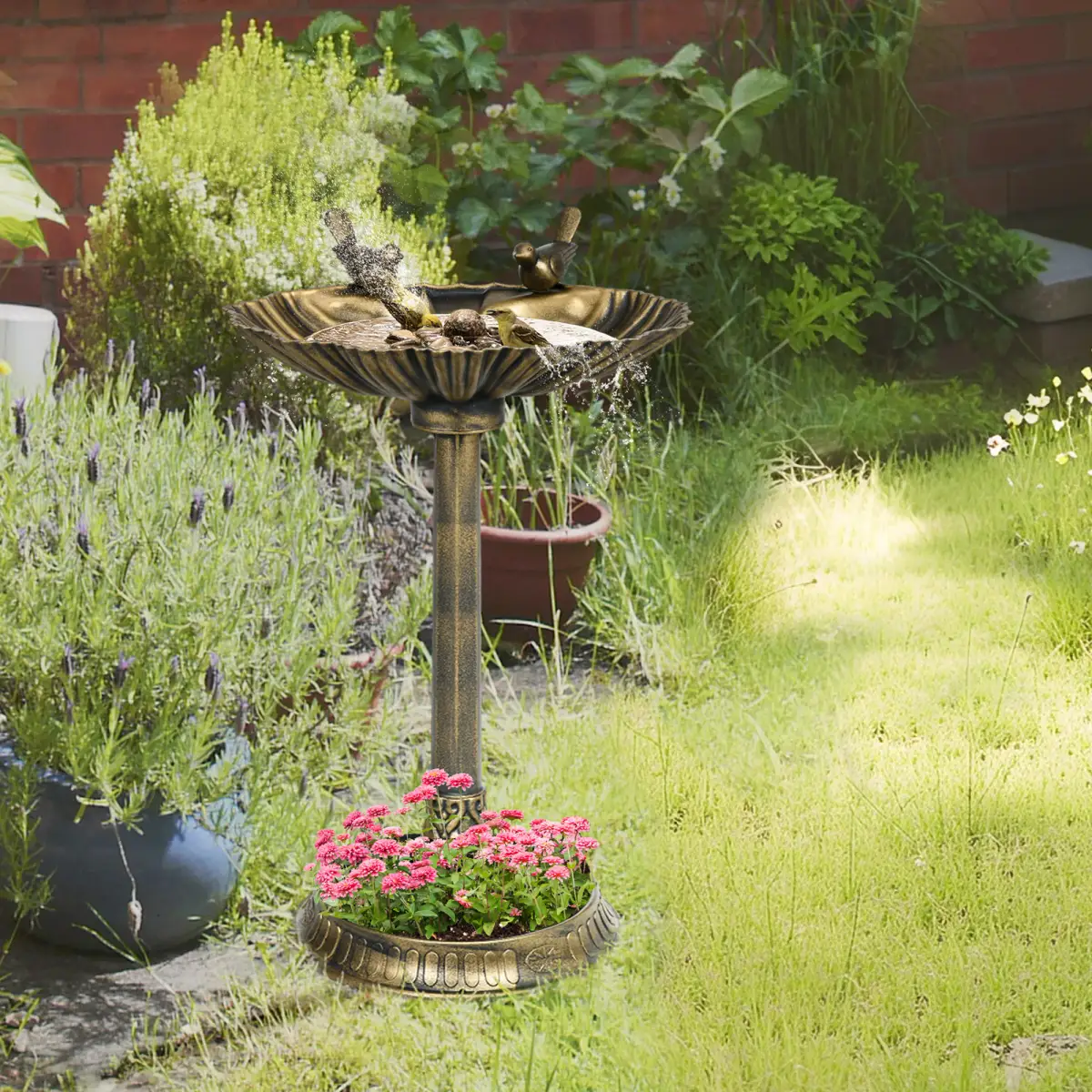Outsunny Elegant Two-Basin Bird Bath & Feeder with Antique Finish - Bird Feeder