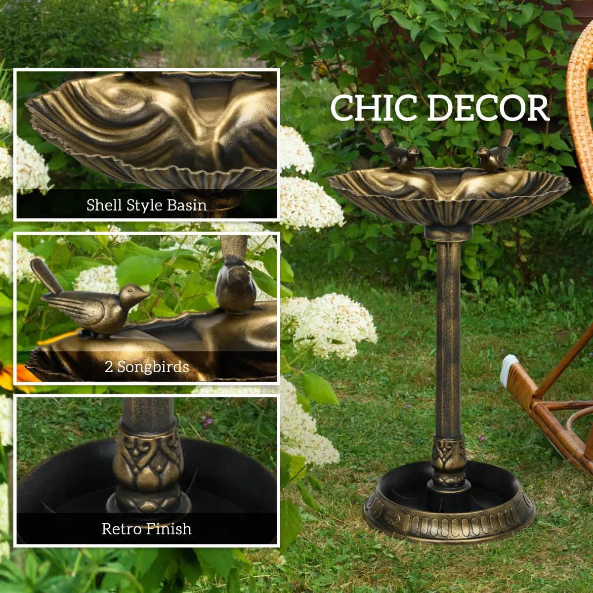Outsunny Elegant Two-Basin Bird Bath & Feeder with Antique Finish - Bird Feeder