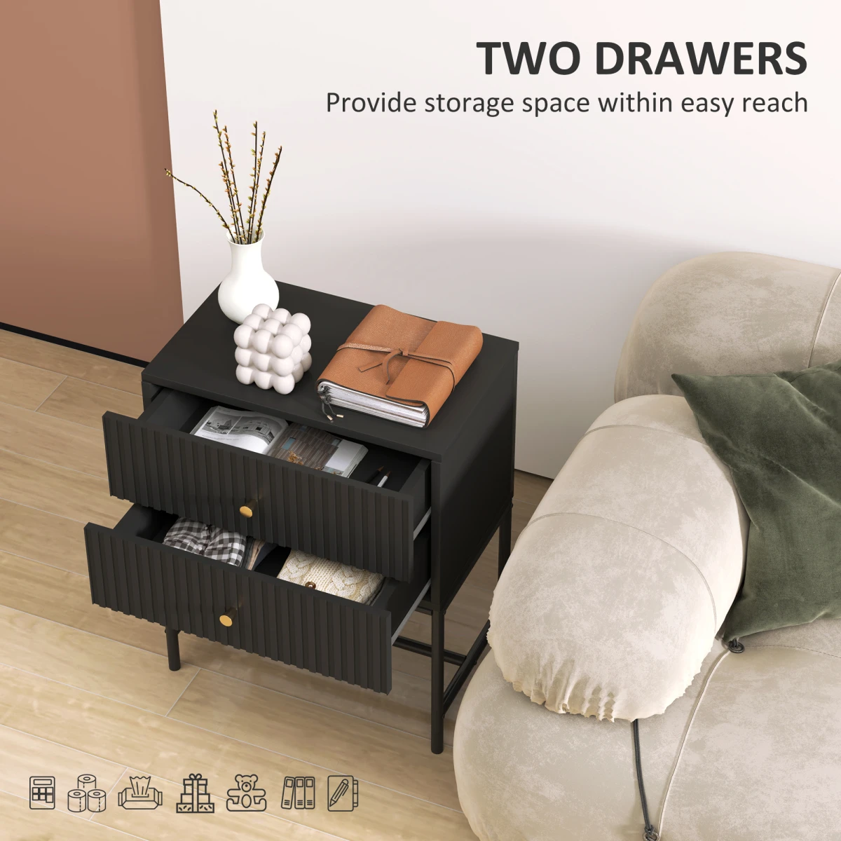 HOMCOM Bedside Table Compact 2Drawers Bedroom by HOMCOM