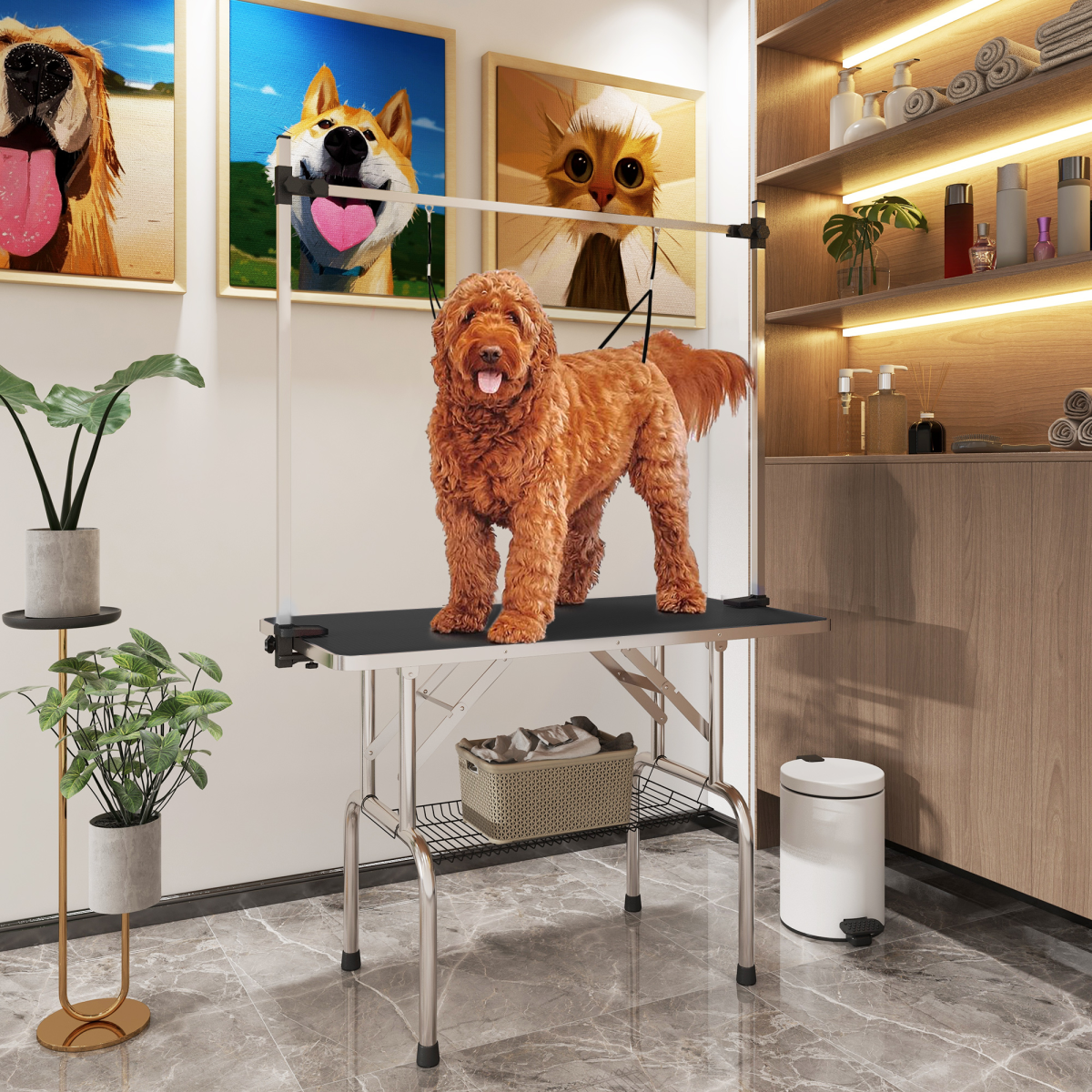 PawHut Metal Adjustable Dog Grooming Table Rubber Top 2 Safety Slings Mesh - from PawHut