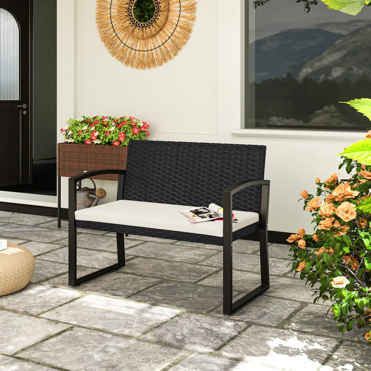 Outsunny Rattan Garden Bench with Cushioned Comfort for Relaxation & Style - Garden Chairs
