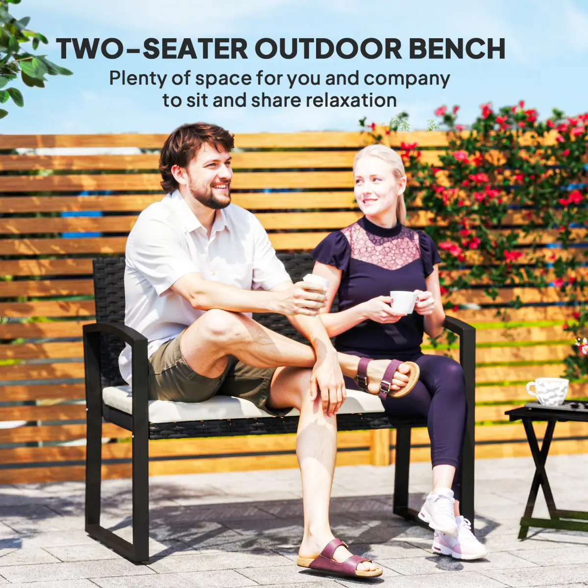 Outsunny Rattan Garden Bench with Cushioned Comfort for Relaxation & Style - Garden Chairs