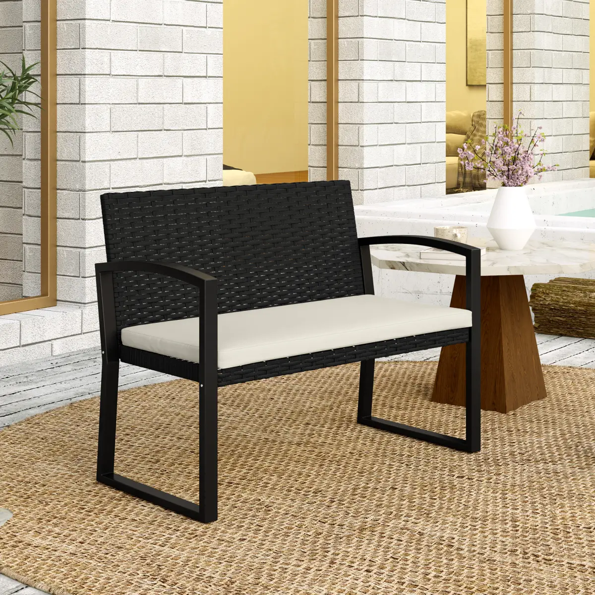 Outsunny Rattan Garden Bench with Cushioned Comfort for Relaxation & Style - Garden Chairs
