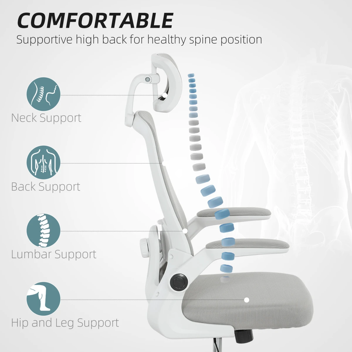 HOMCOM Executive Mesh Office Chair Standard Size Adjustable Headrest Lumbar Support Flip Up Armrests For Professionals by HOMCOM