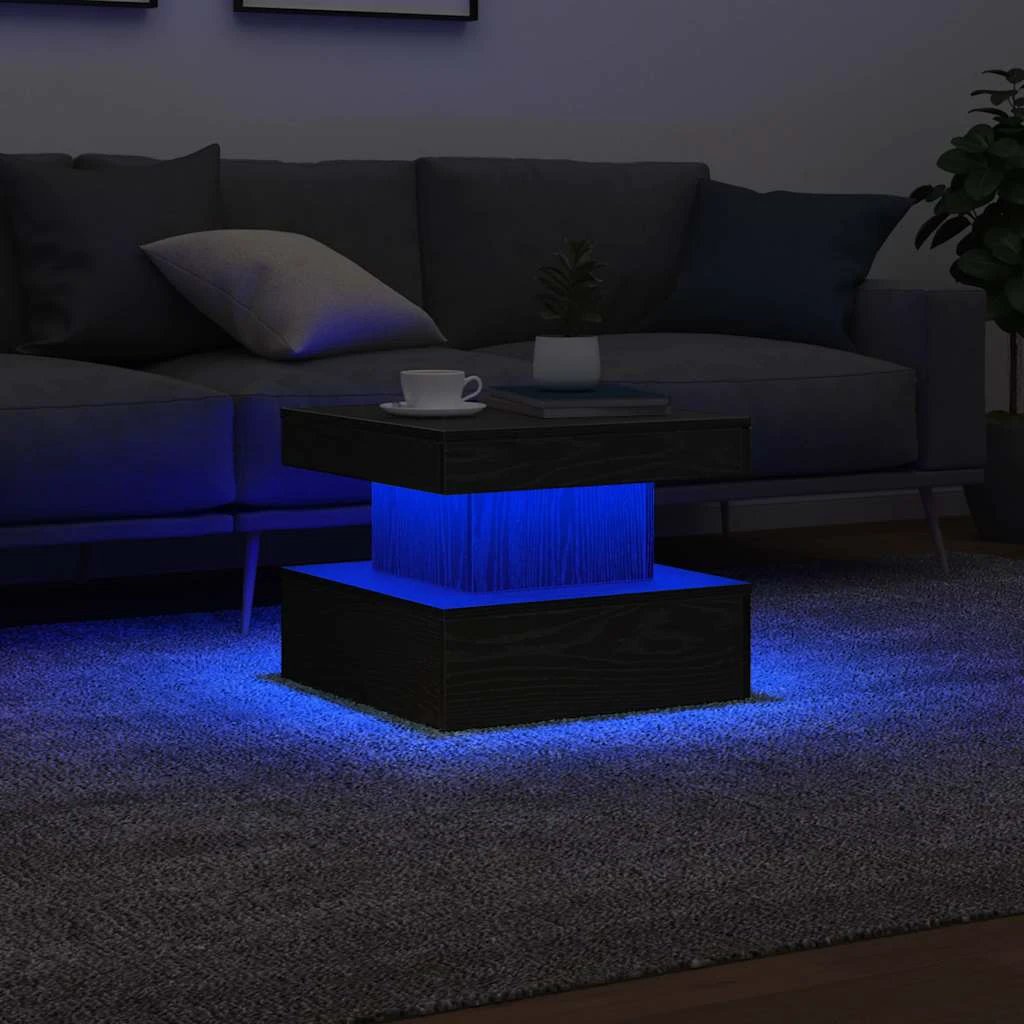 vidaXL Coffee Table 50x50x40 Cm LED Lights Black Oak Modern Living Room Decor Accent by vidaXL