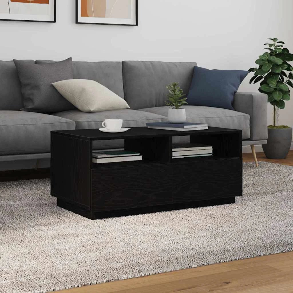 vidaXL VidaXL Coffee Table With LED Lights Black Oak 90x49x40 cm For Living Room Decor - Coffee Table