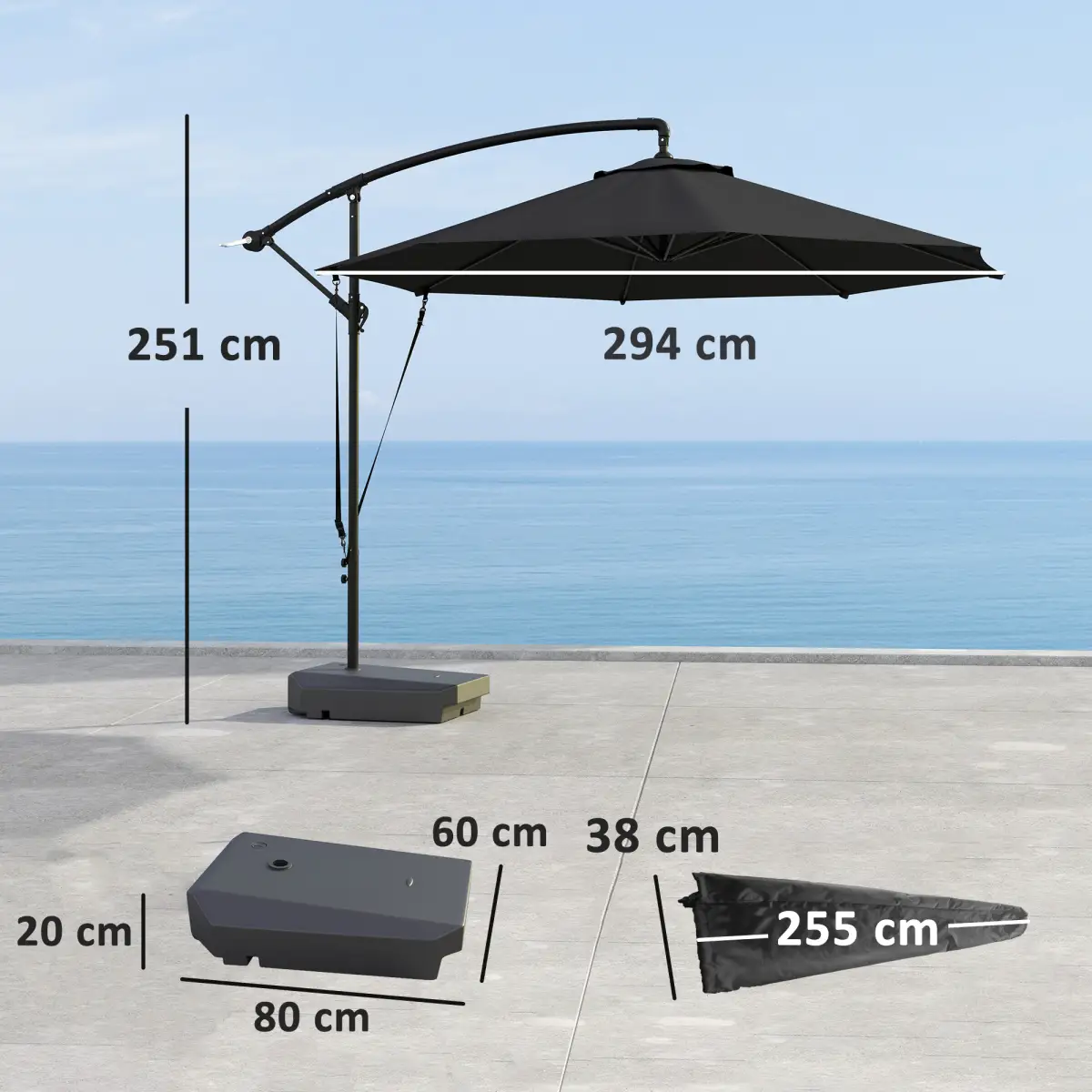 Outsunny Outsunny Garden Cantilever Parasol with Cover Weighted Base Wind Strap - Parasol