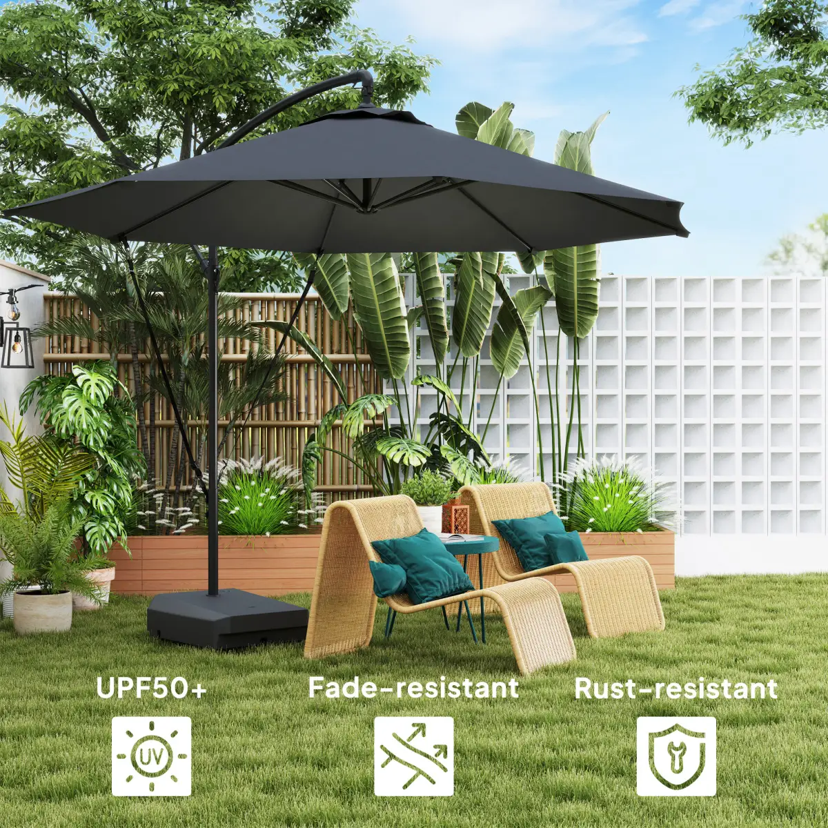 Outsunny Outsunny Garden Cantilever Parasol with Cover Weighted Base Wind Strap - Parasol